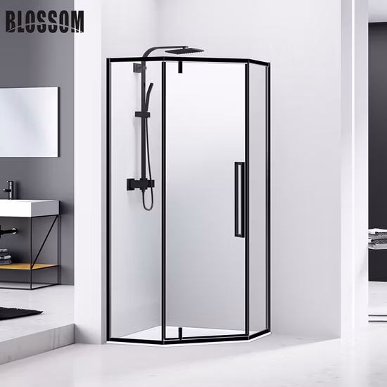 Bathroom Rectangle Pivot Glass Door Shower Enclosure in Black Frame